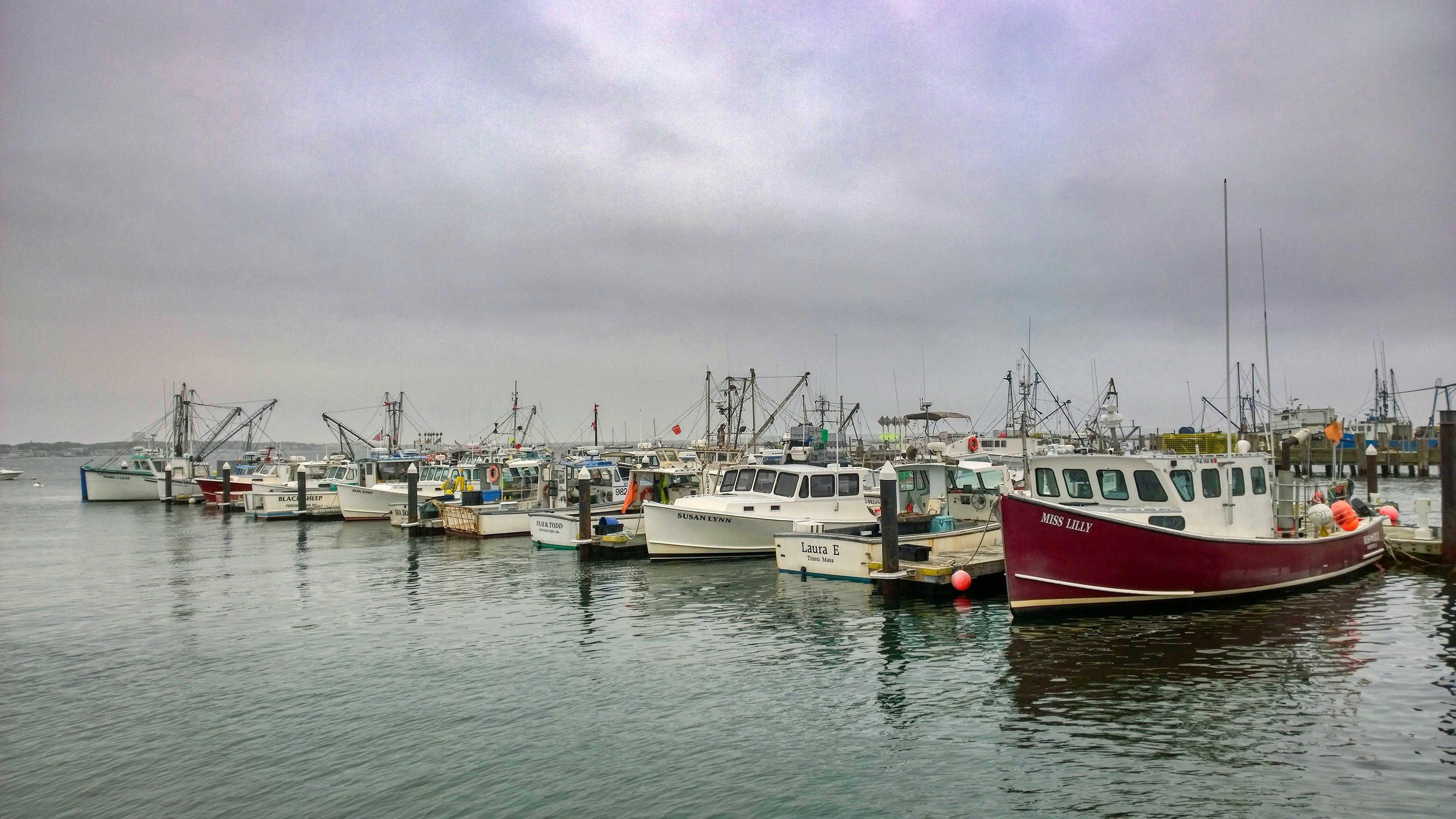 Fishing boats at Provincetown harbor in Cape Cod.