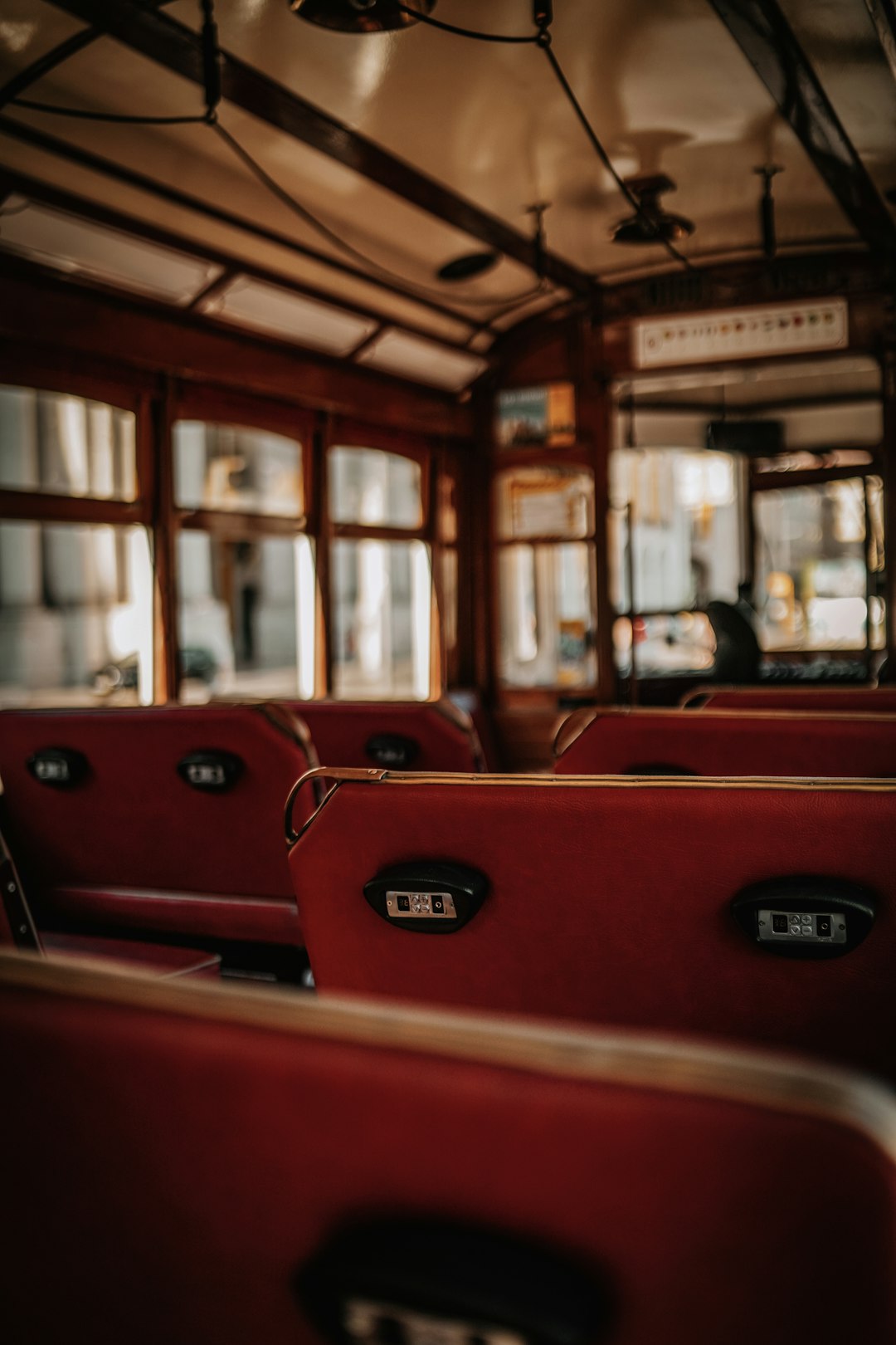 red and white bus interior