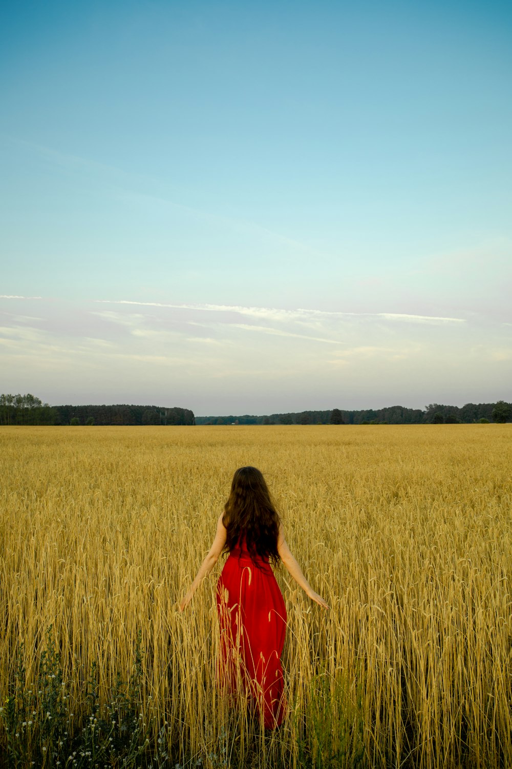 woman in red dress standing on green grass field during daytime