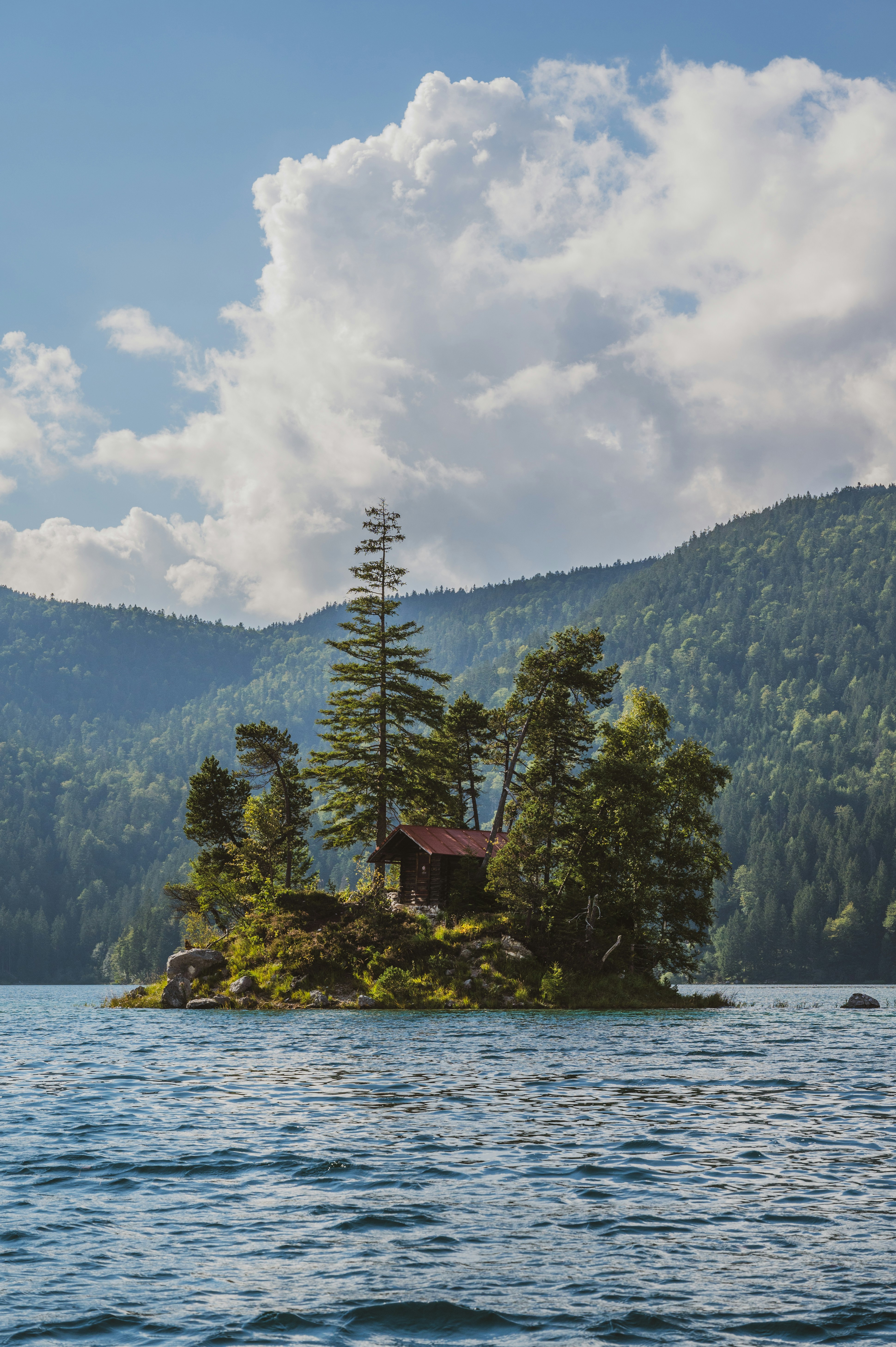 brown wooden house on green grass field near body of water and green trees under white