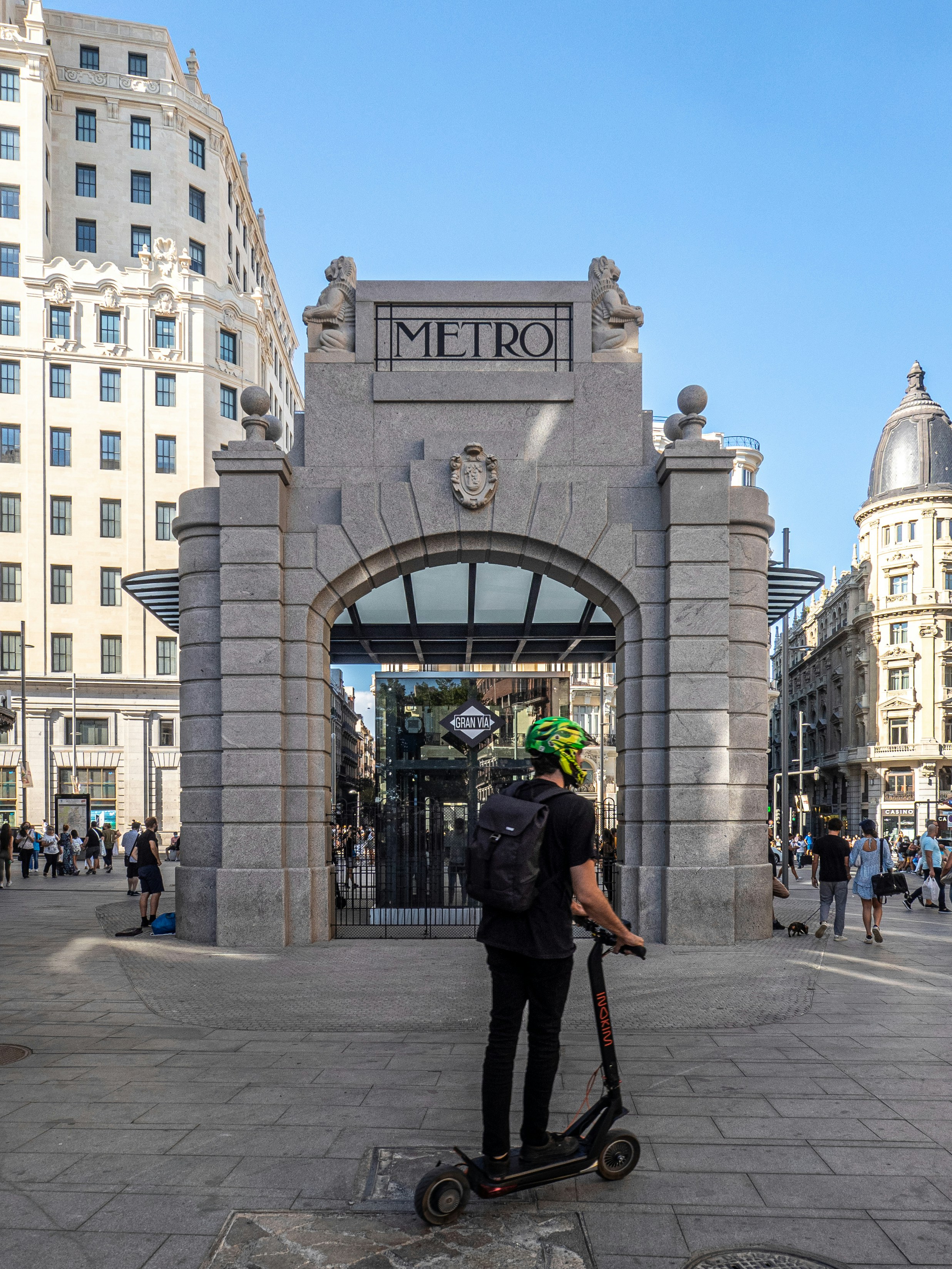 Gran Vía Metro entrance in downtown Madrid. Pavilion designed by Antonio Palacios in 1920. It was demolished in 1970 for an extension of the Madrid subway and now rebuilt in 2021.