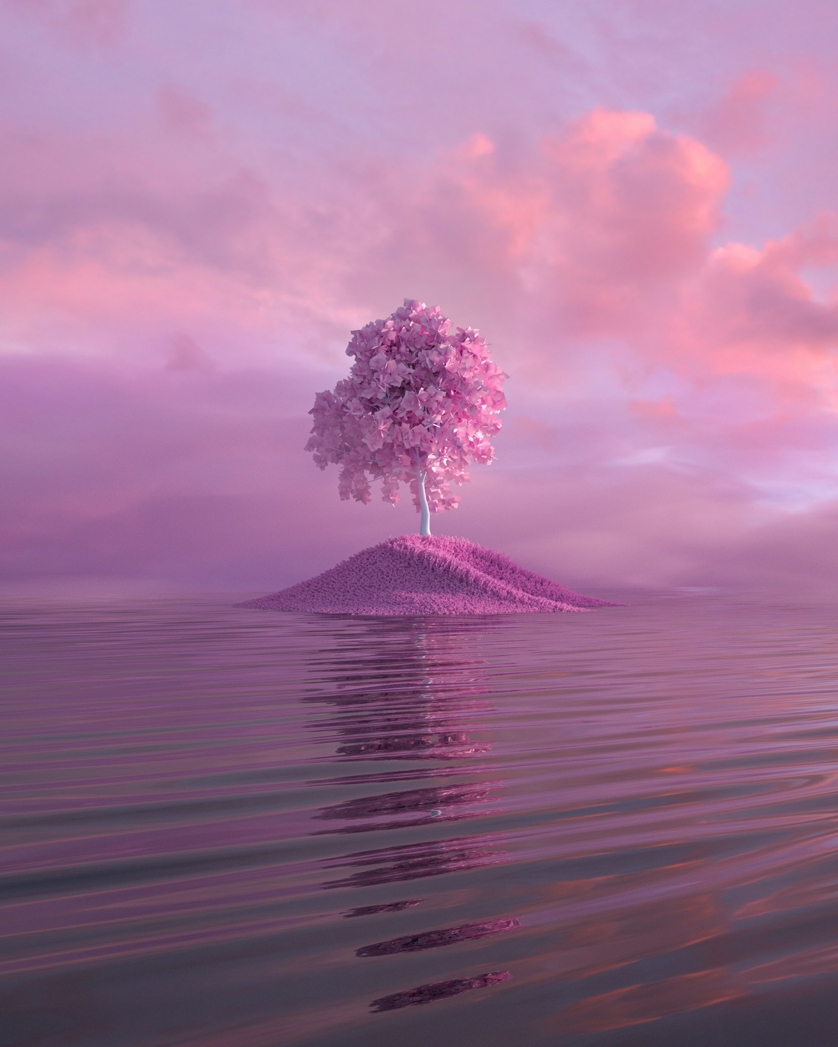 3D rendering of a mystical island with a pink tree surrounded by water
