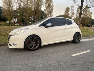 White hatchback parked near a park on a sunny day
