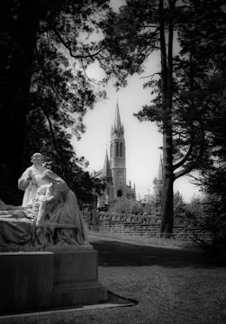 A stunning etching of a medieval church surrounded by nature.