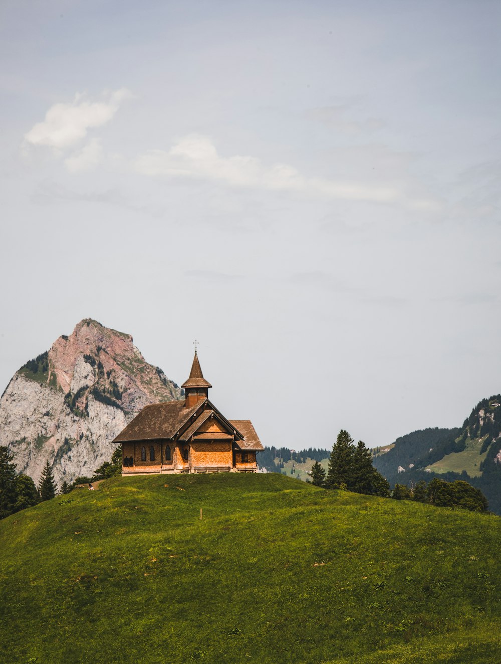 brown and black house on green grass field near mountain during daytime