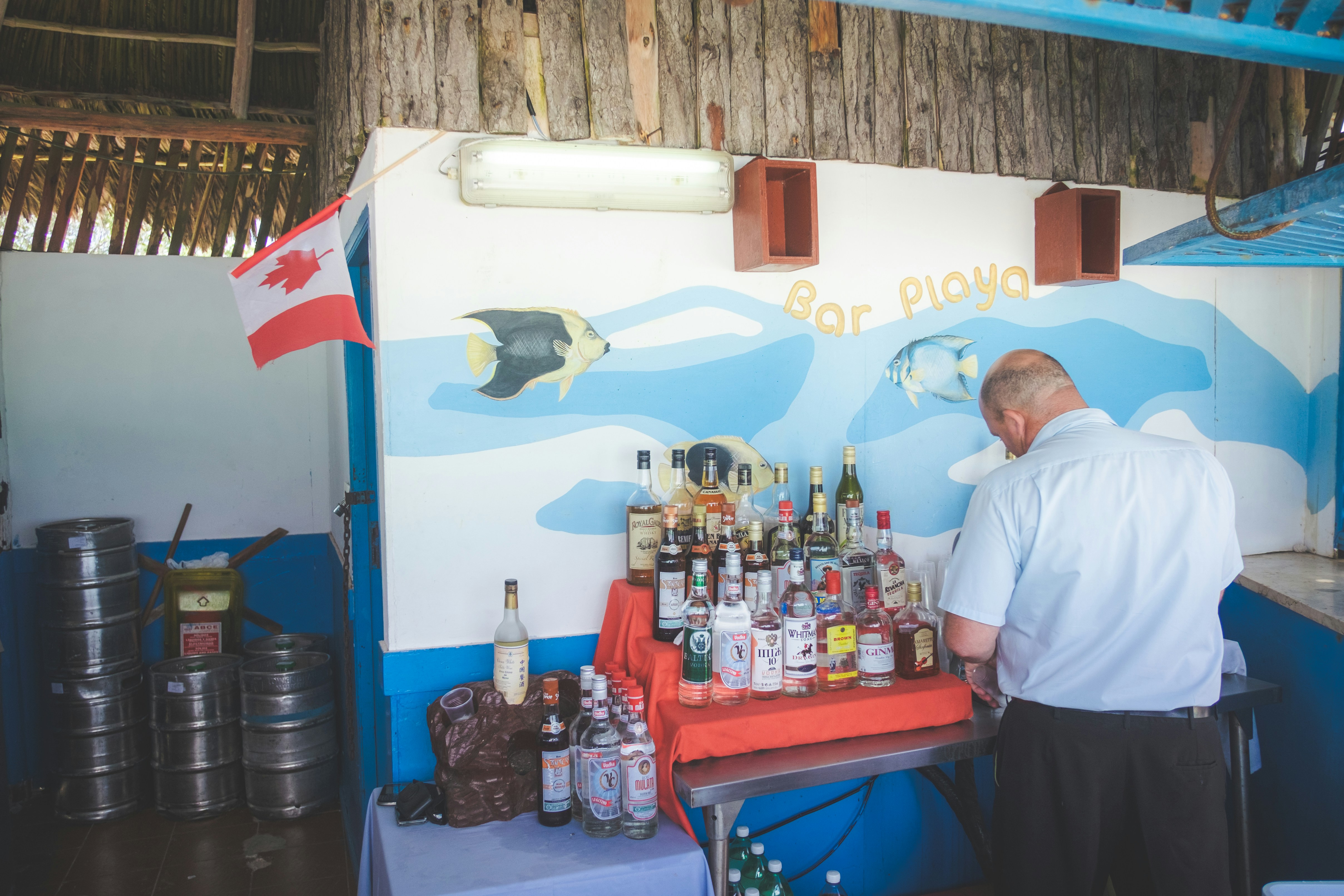 man in white button up shirt standing near blue plastic table