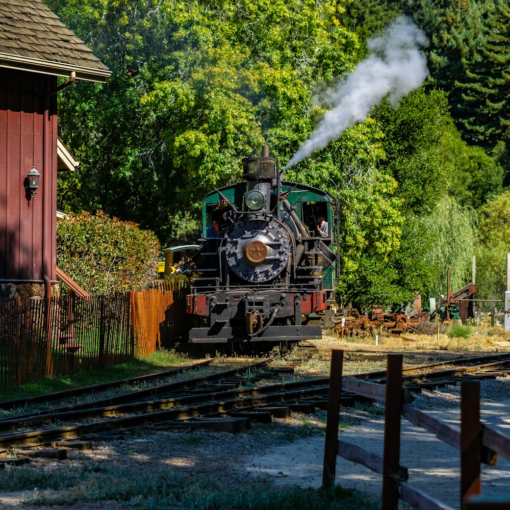 red and black train on rail tracks near green trees during daytime