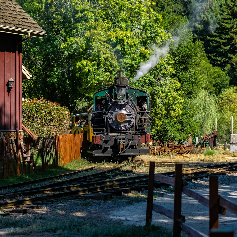 red train on rail near green trees during daytime