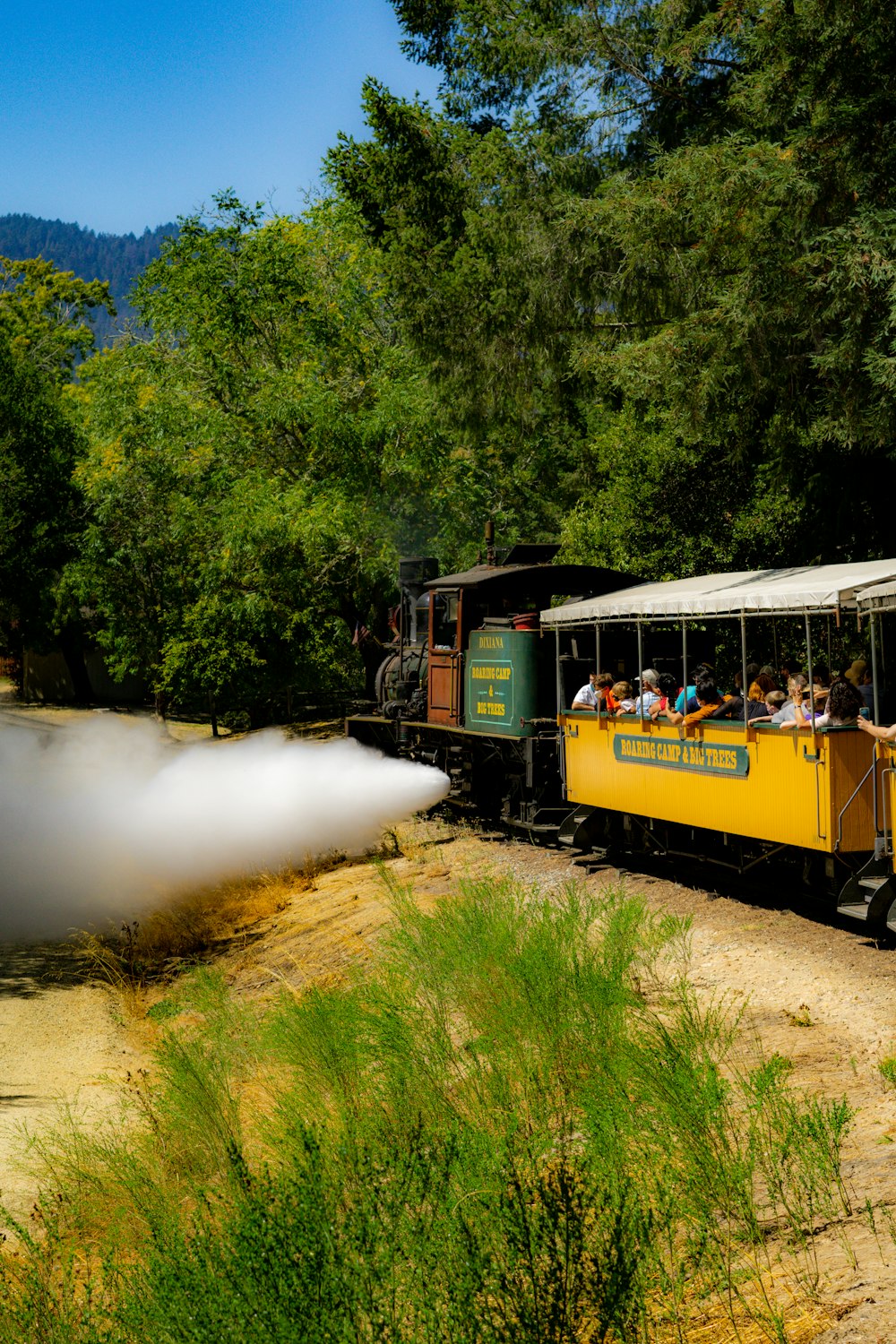 people riding yellow and white train during daytime