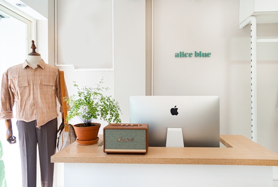 A neatly arranged retail space featuring a mannequin dressed in a casual shirt and trousers. On the counter is an Apple desktop computer, a potted plant, and a Marshall speaker. The decor is minimalist with a clean and organized aesthetic. The name 'allee blue' is displayed on the wall.
