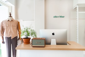 A neatly arranged retail space featuring a mannequin dressed in a casual shirt and trousers. On the counter is an Apple desktop computer, a potted plant, and a Marshall speaker. The decor is minimalist with a clean and organized aesthetic. The name 'allee blue' is displayed on the wall.