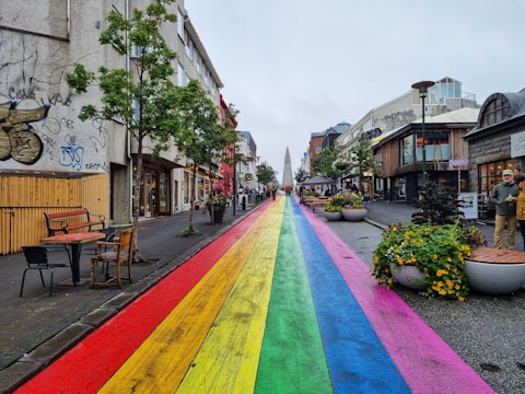 A vibrant neighborhood street revitalized through community arts projects.