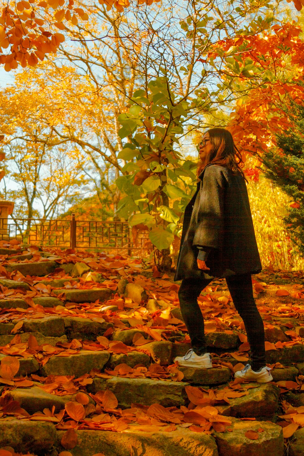 woman in black coat standing on brown dried leaves during daytime