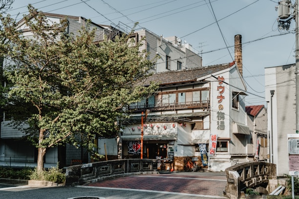 A traditional Japanese building with signs in Japanese lettering is nestled on a street corner. The structure has an old-fashioned architectural style with a tiled roof and wooden elements. A tree on the left side provides shade, and various electricity lines crisscross the sky. A small stone bridge is in the foreground leading towards the entrance lined with red lanterns.