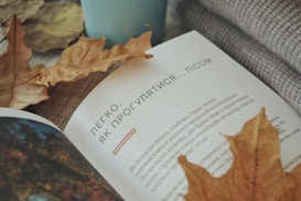 An open book with text in a Slavic language, surrounded by autumnal elements including dried leaves. A cozy, woven fabric and a light blue mug are partially visible, adding to the warm and inviting ambiance.