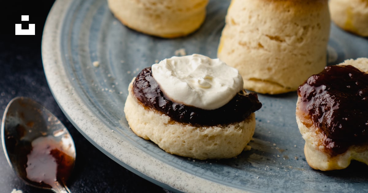 White and brown pastry on blue ceramic plate photo – Free Styling Image ...