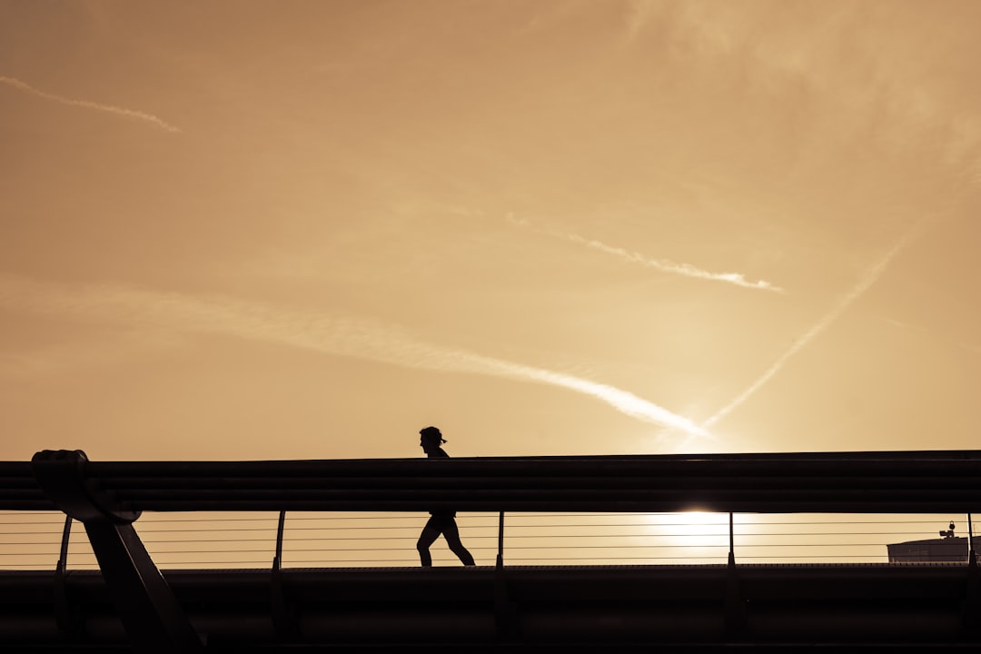 silhouette of 2 person standing on bridge during sunset