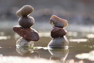 Two stacks of stones are balanced on top of each other, sitting in shallow water. Each stack consists of three stones, with the bottom stones appearing larger and the top stones smaller and smoother. The background is softly blurred, accentuating the tranquil and serene nature of the scene.
