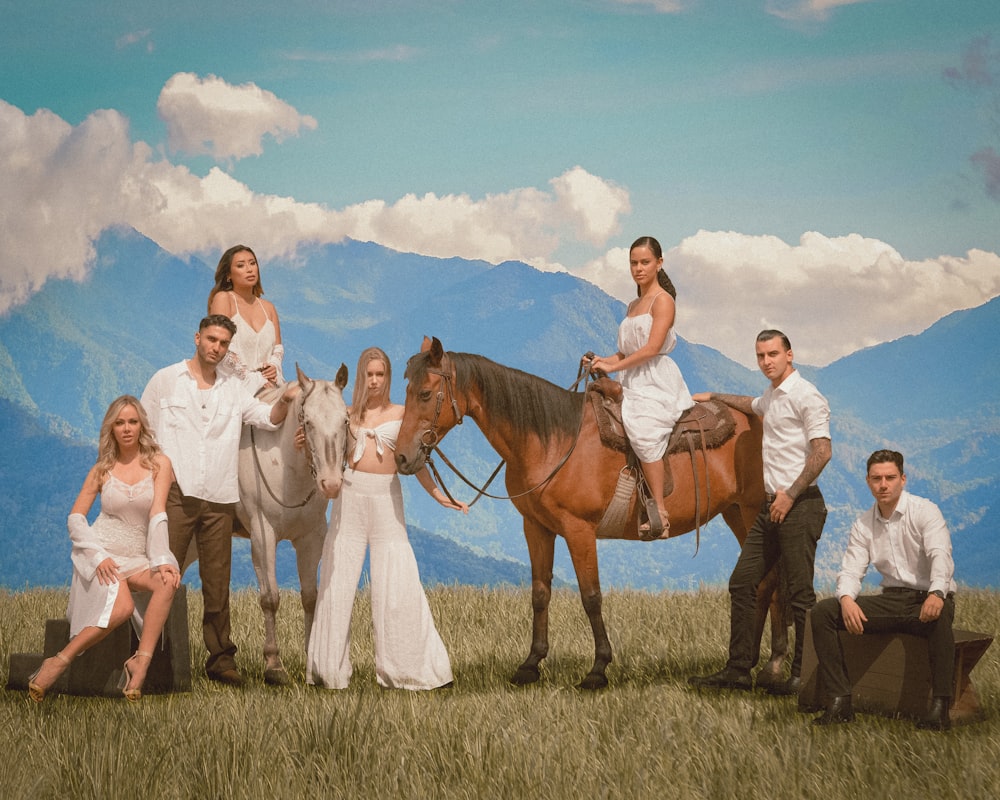 woman in white long sleeve dress standing beside brown horse