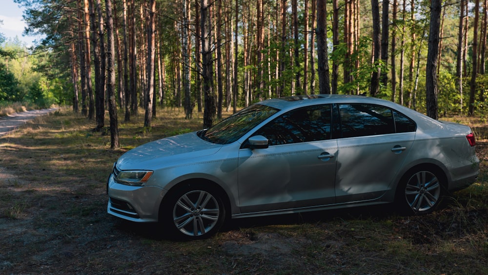 blue car in the woods