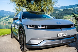 A sleek, modern electric vehicle is parked near a scenic lakeside with mountains in the background. The car has a smooth, futuristic design with a gray body and dark-tinted windows. There's a blue emblem on the front hood and a Swiss license plate. Surrounding the car, the lush greenery and clear sky add to the serene atmosphere.