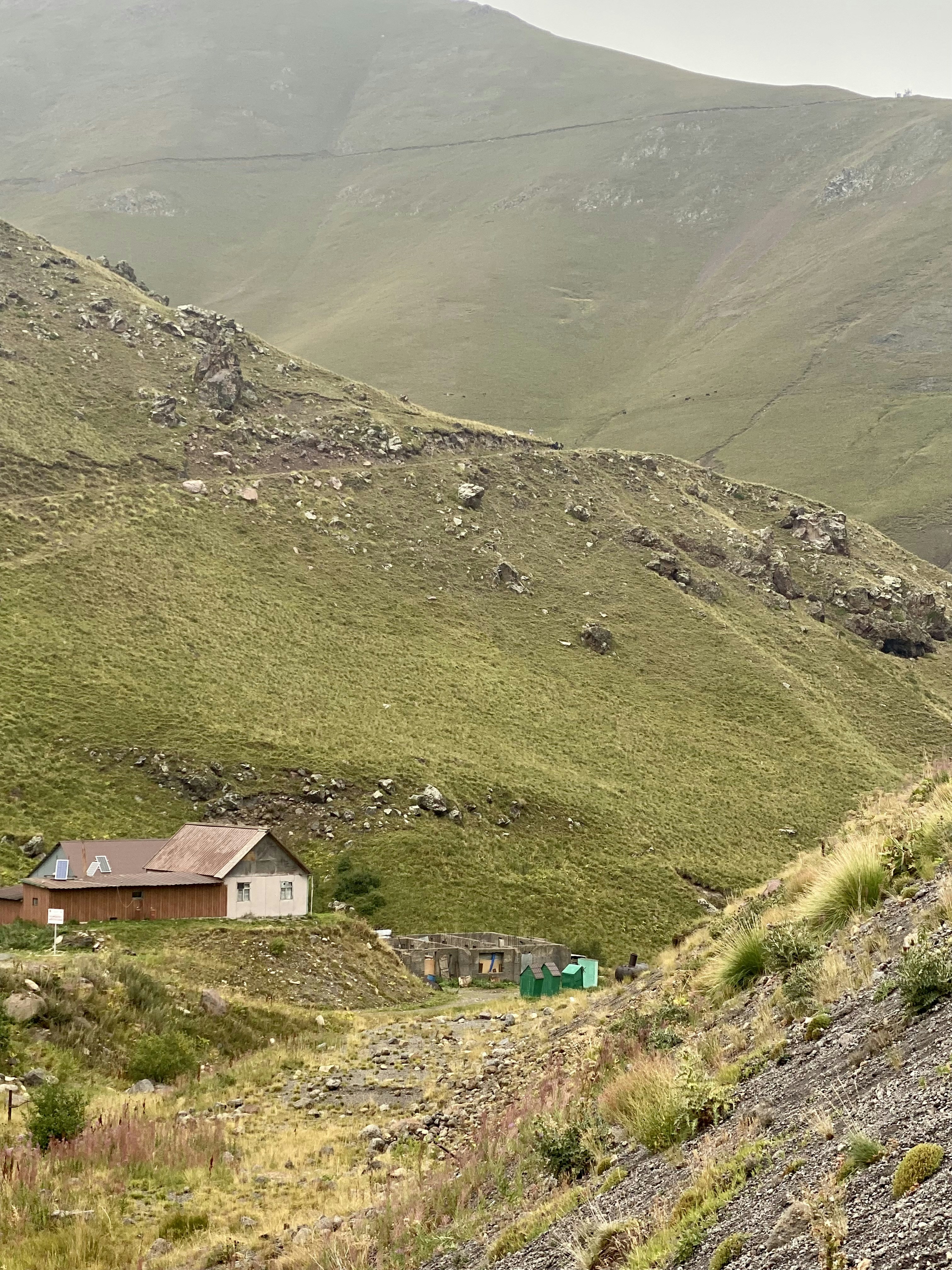 緑の芝生に覆われた丘の上の茶色と白の家