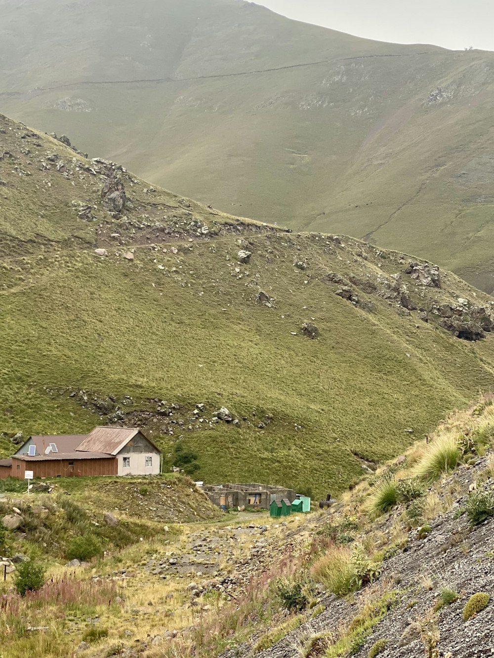 casa marrom e branca na colina coberta de grama verde