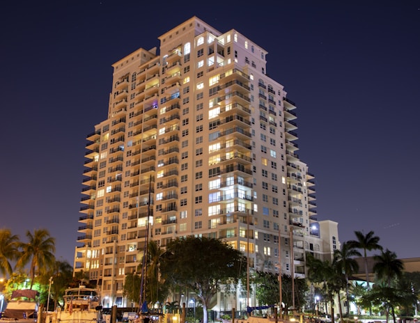 white and brown concrete building during night time