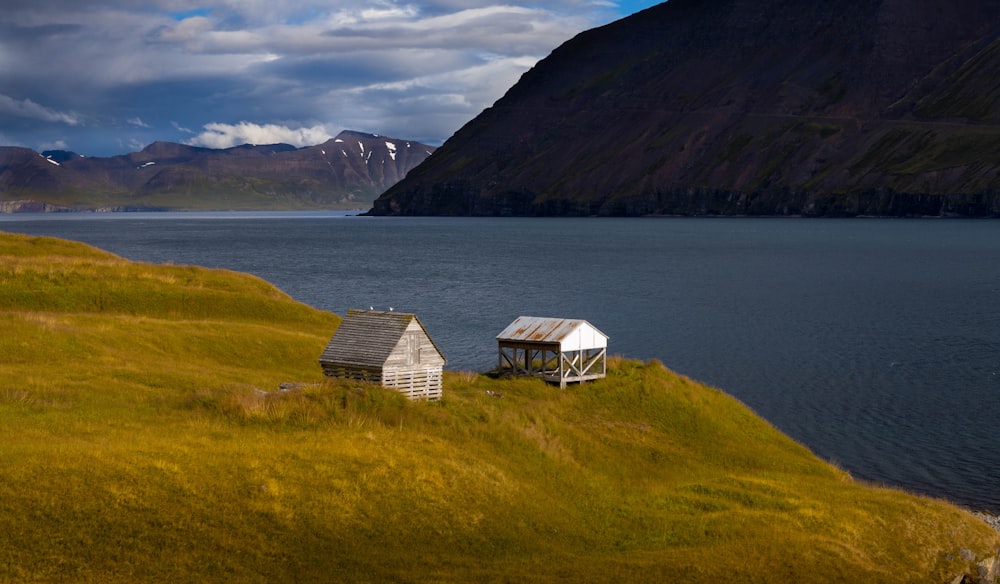 white wooden house on green grass field near body of water during daytime