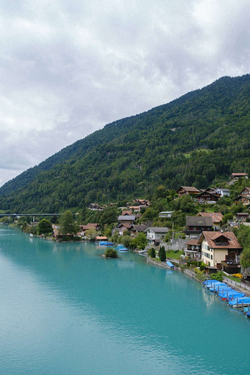 houses near body of water and mountain during daytime