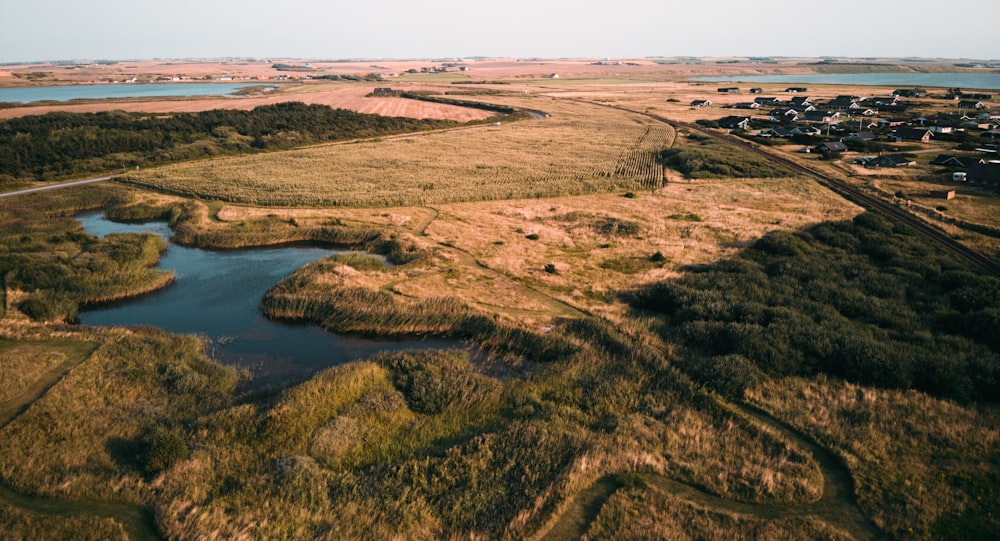 brown field near body of water during daytime