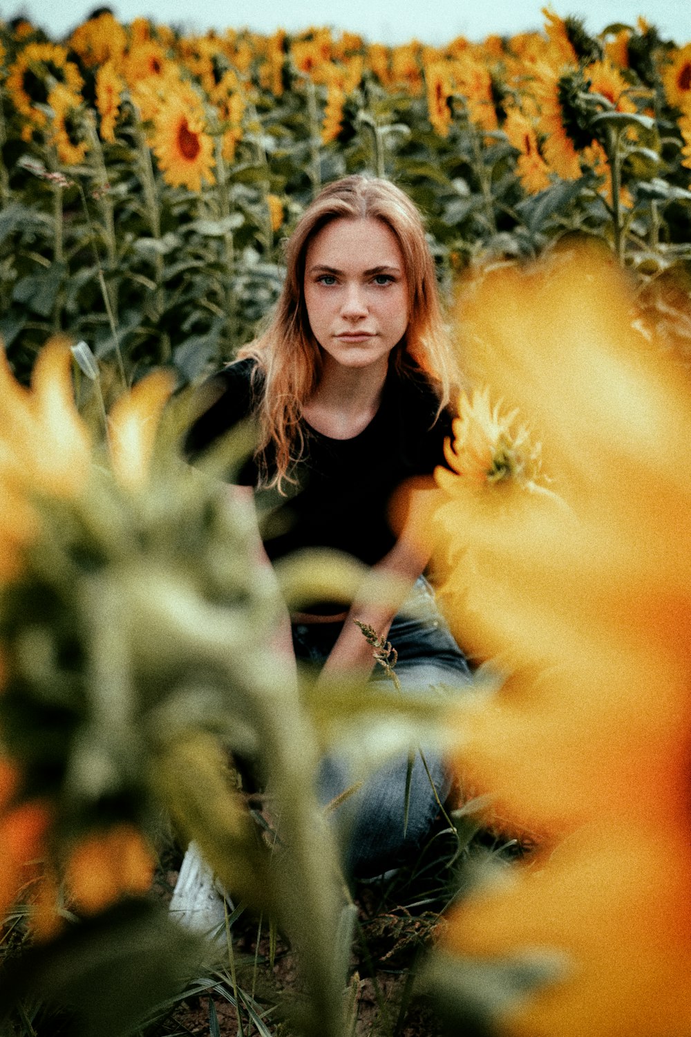 woman in black shirt sitting on yellow flower field during daytime