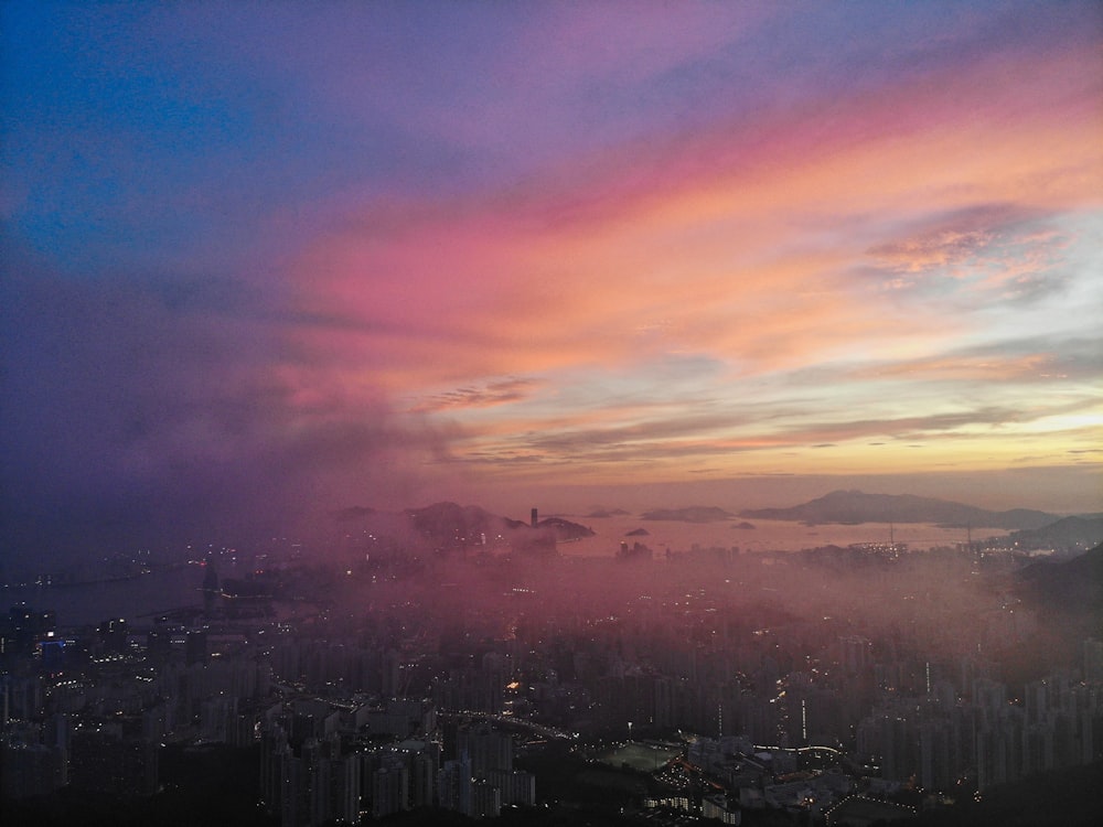 aerial view of city during sunset