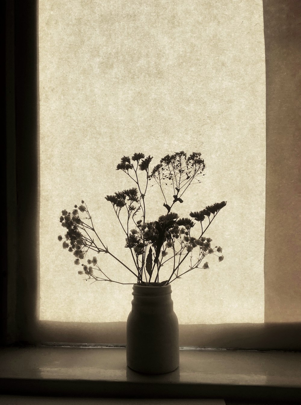 grayscale photo of plant on vase