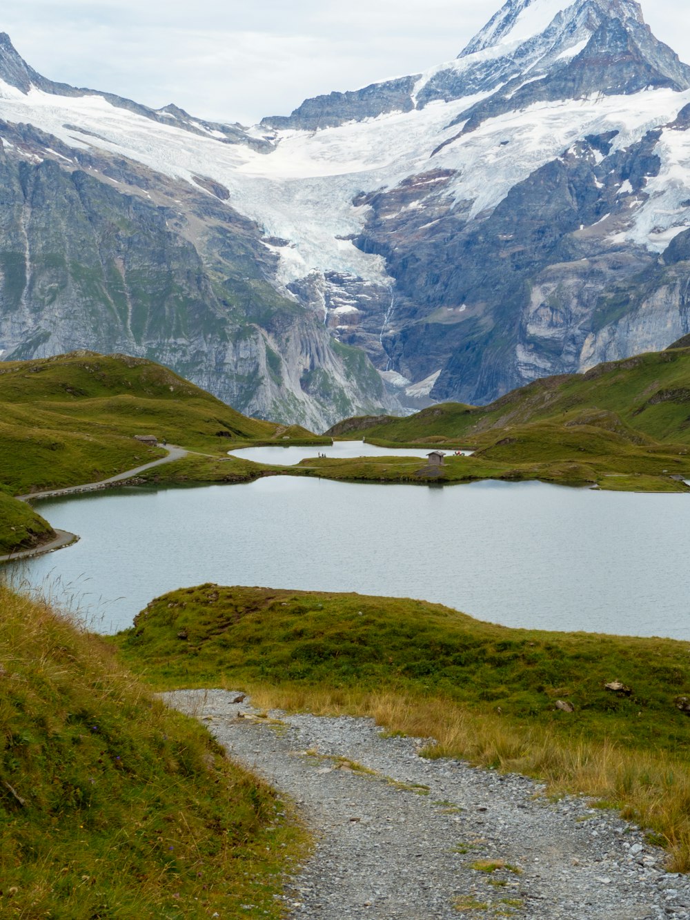 green grass field and lake