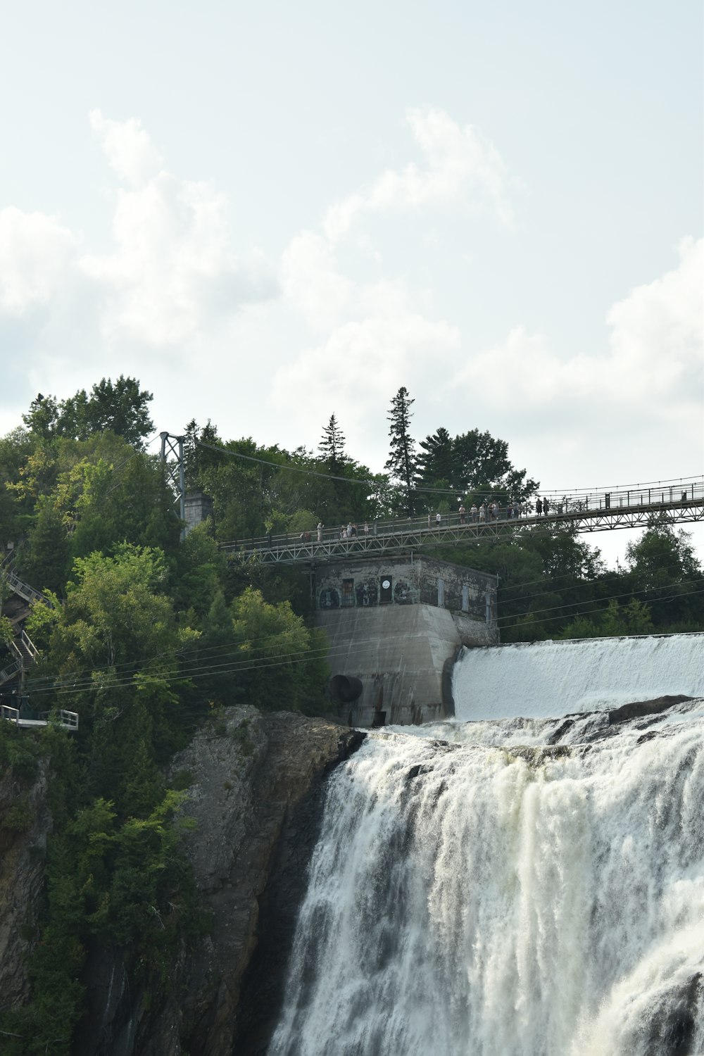 waterfalls near green trees under white clouds during daytime