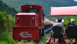 man in black jacket sitting on red train
