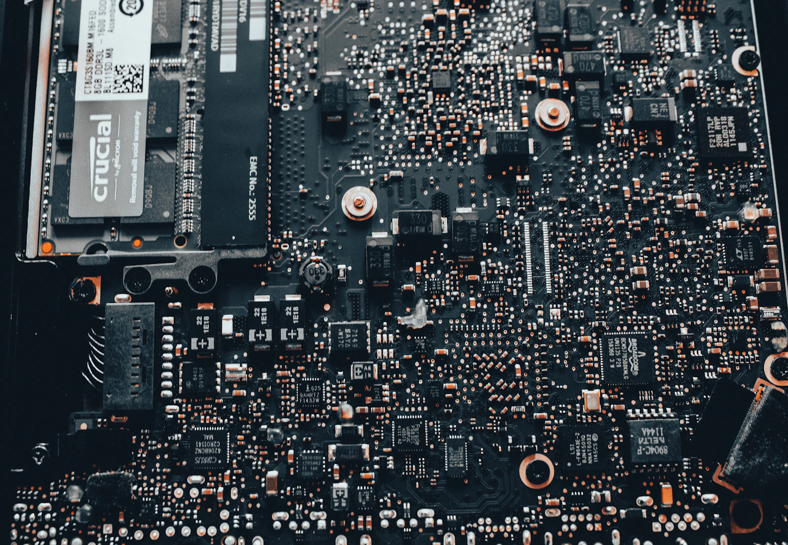 Detailed view of electronic components on a computer motherboard