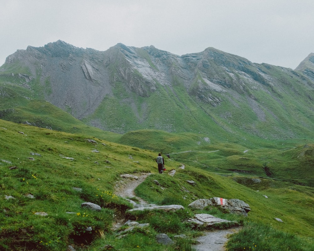 Person, die tagsüber auf einem grünen Grasfeld in der Nähe des Berges spazieren geht