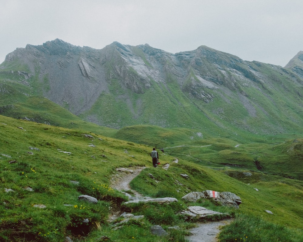 person walking on green grass field near mountain during daytime