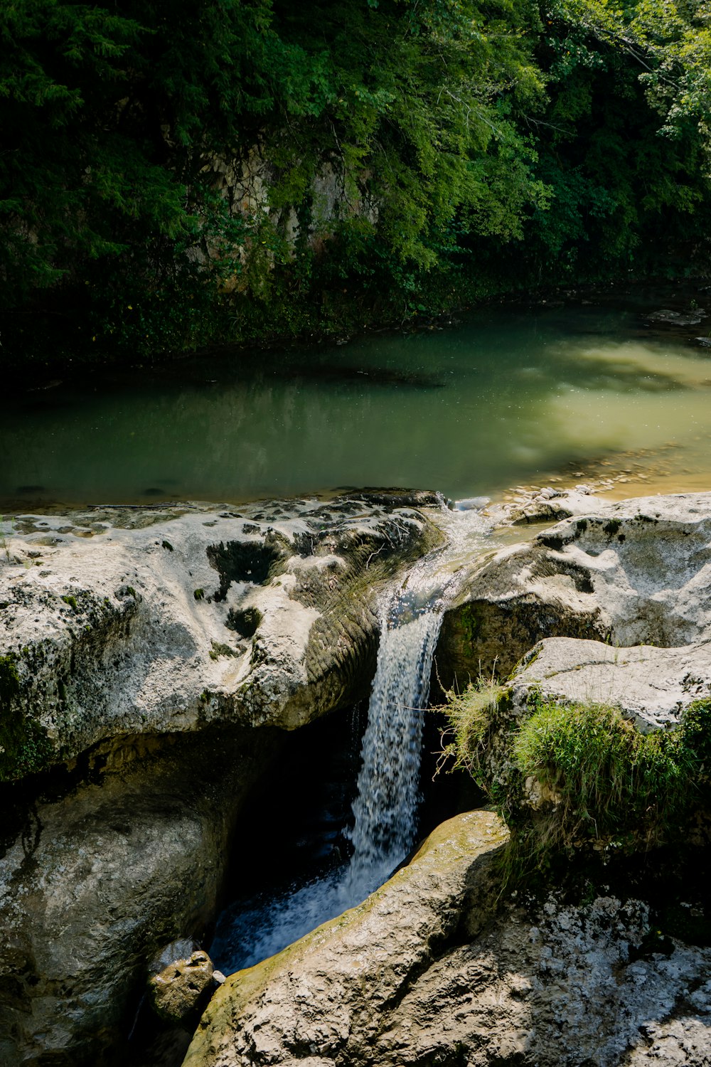 Formation rocheuse grise près d’un plan d’eau vert pendant la journée