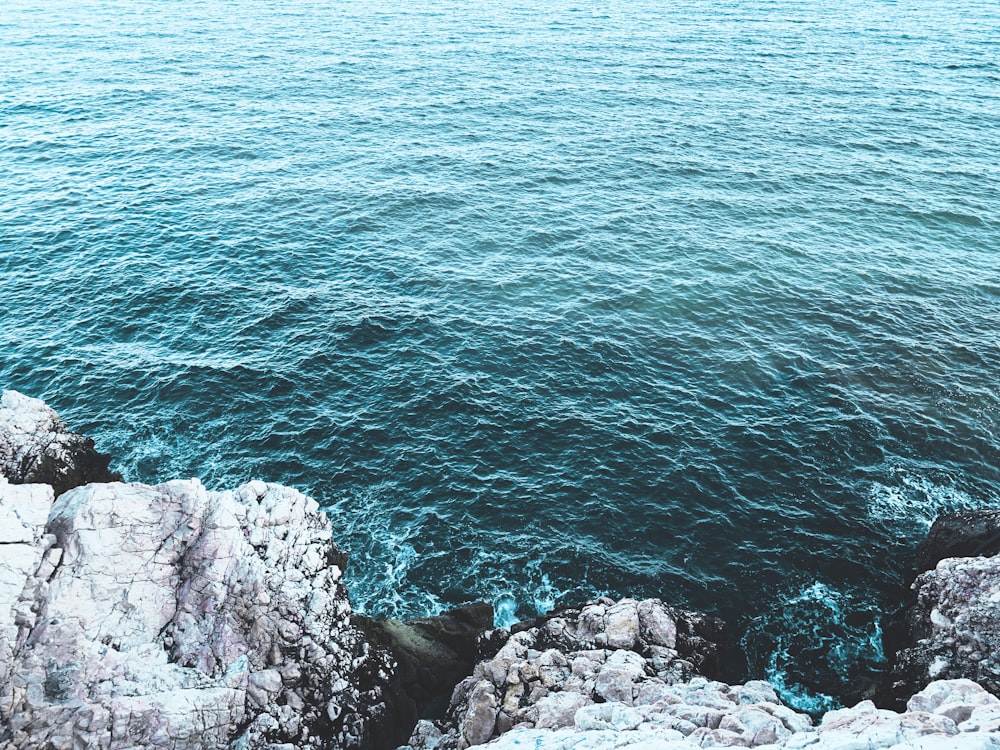 gray rocky shore with blue water