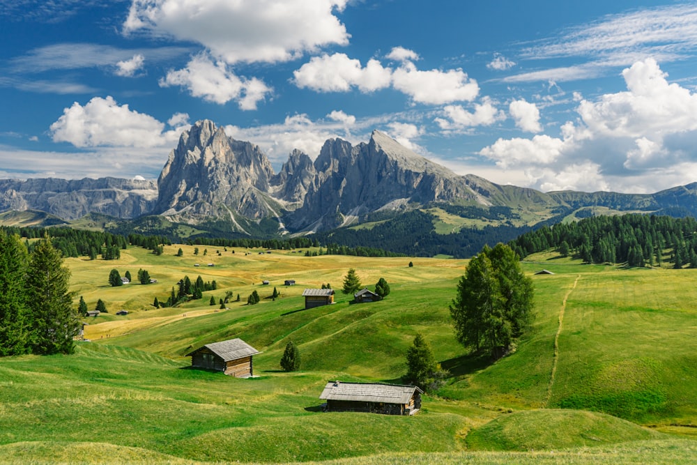 white and brown house on green grass field near mountain under blue and white cloudy sky