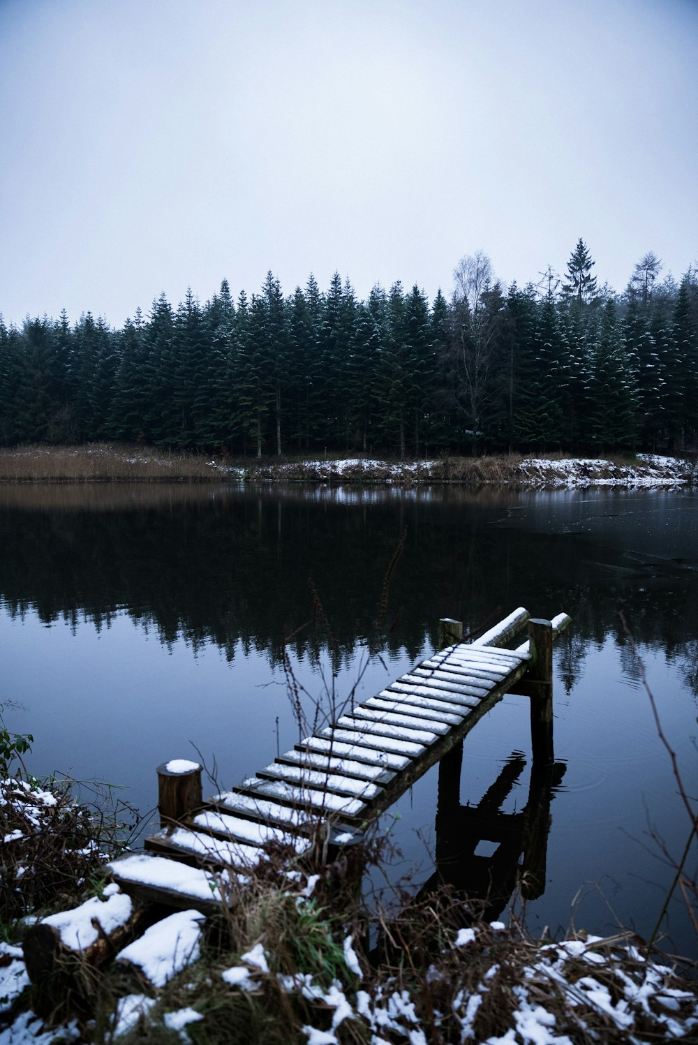 Quai en bois brun sur le lac pendant la journée