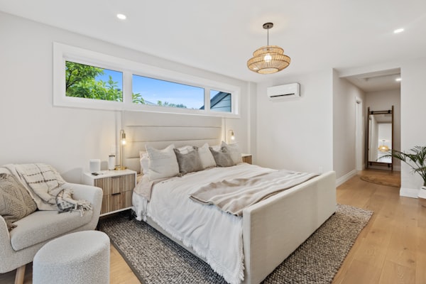 Bright bedroom with desk workspace area