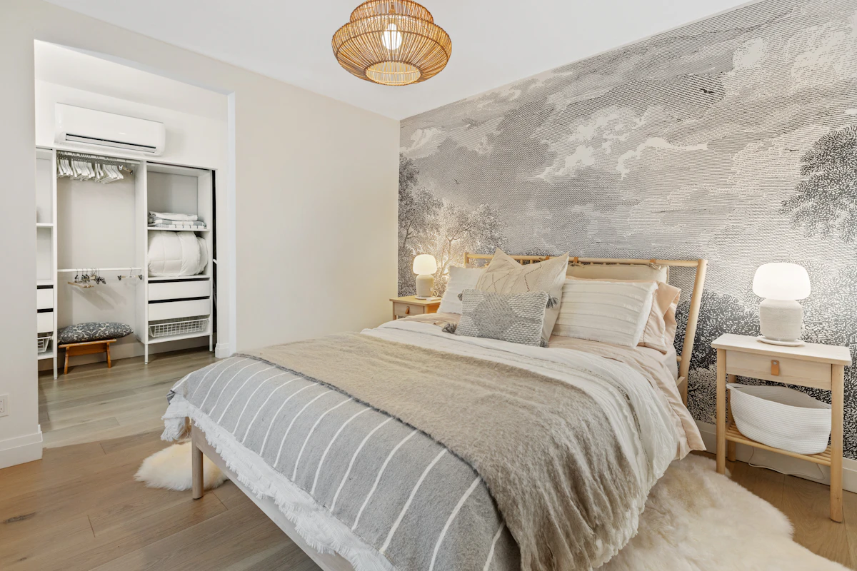 white and gray bed linen
