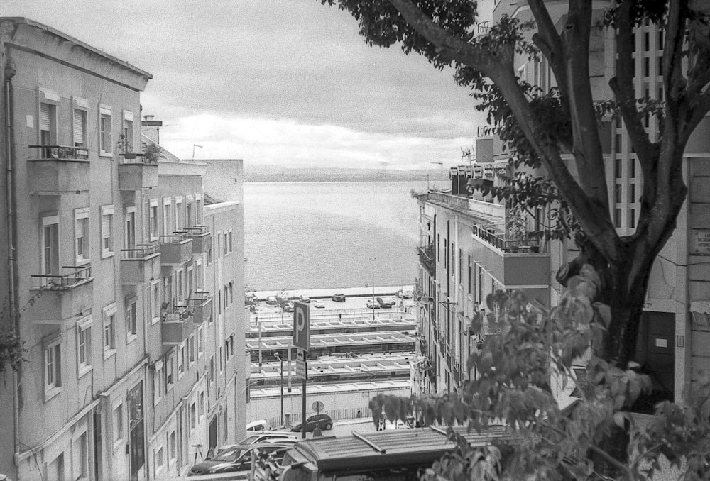 grayscale photo of building near body of water