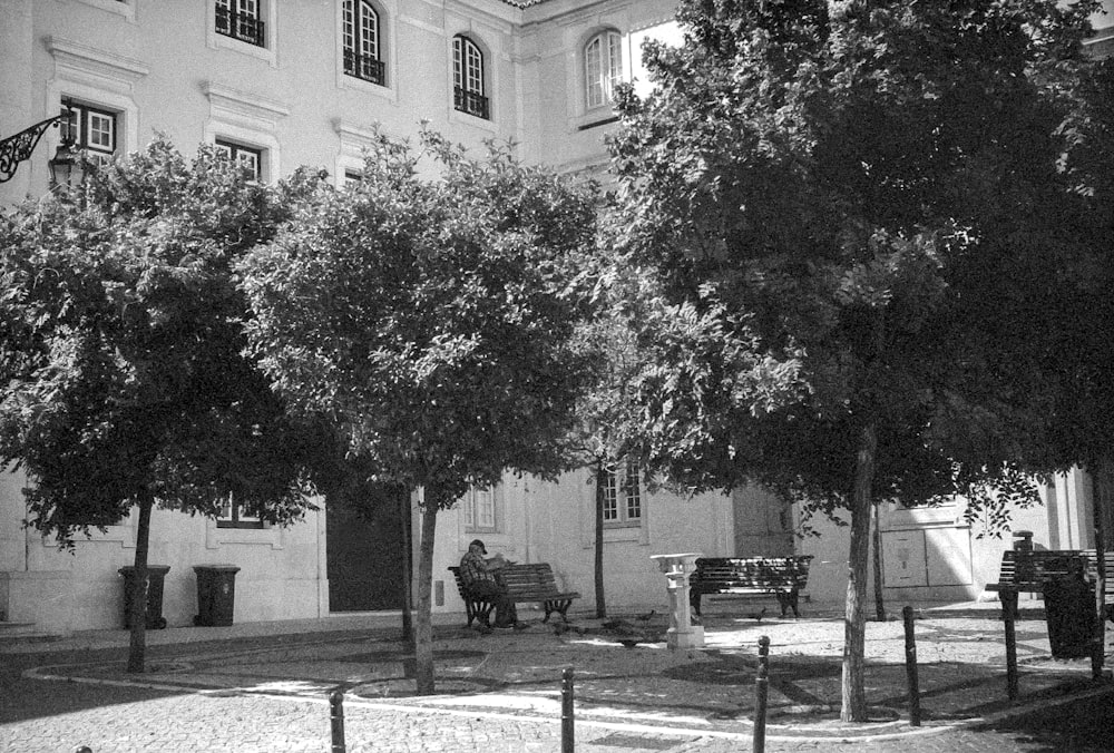 grayscale photo of man sitting on bench near tree