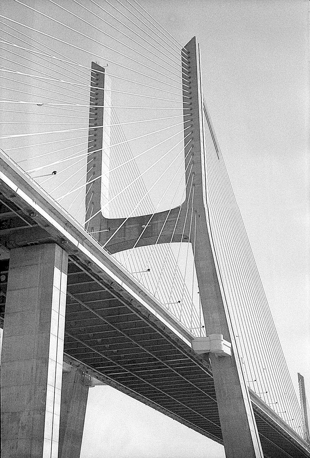 grayscale photo of a bridge