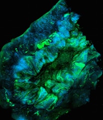 A microscopic image of a biological tissue sample, showing intricate and detailed structures in vibrant colors. The tissue appears to be illuminated with fluorescent staining, showcasing branching patterns and areas of varying intensity in green and blue hues.